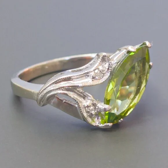 10K White Gold Marquise Peridot & Diamond Leaf-Swirl Ring, Sz 5.75— Hallmark USA